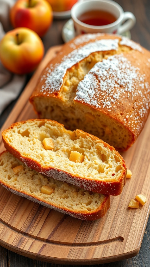 A loaf of Dutch apple bread sliced, showing apples inside, on a wooden board with apples and tea in the background.